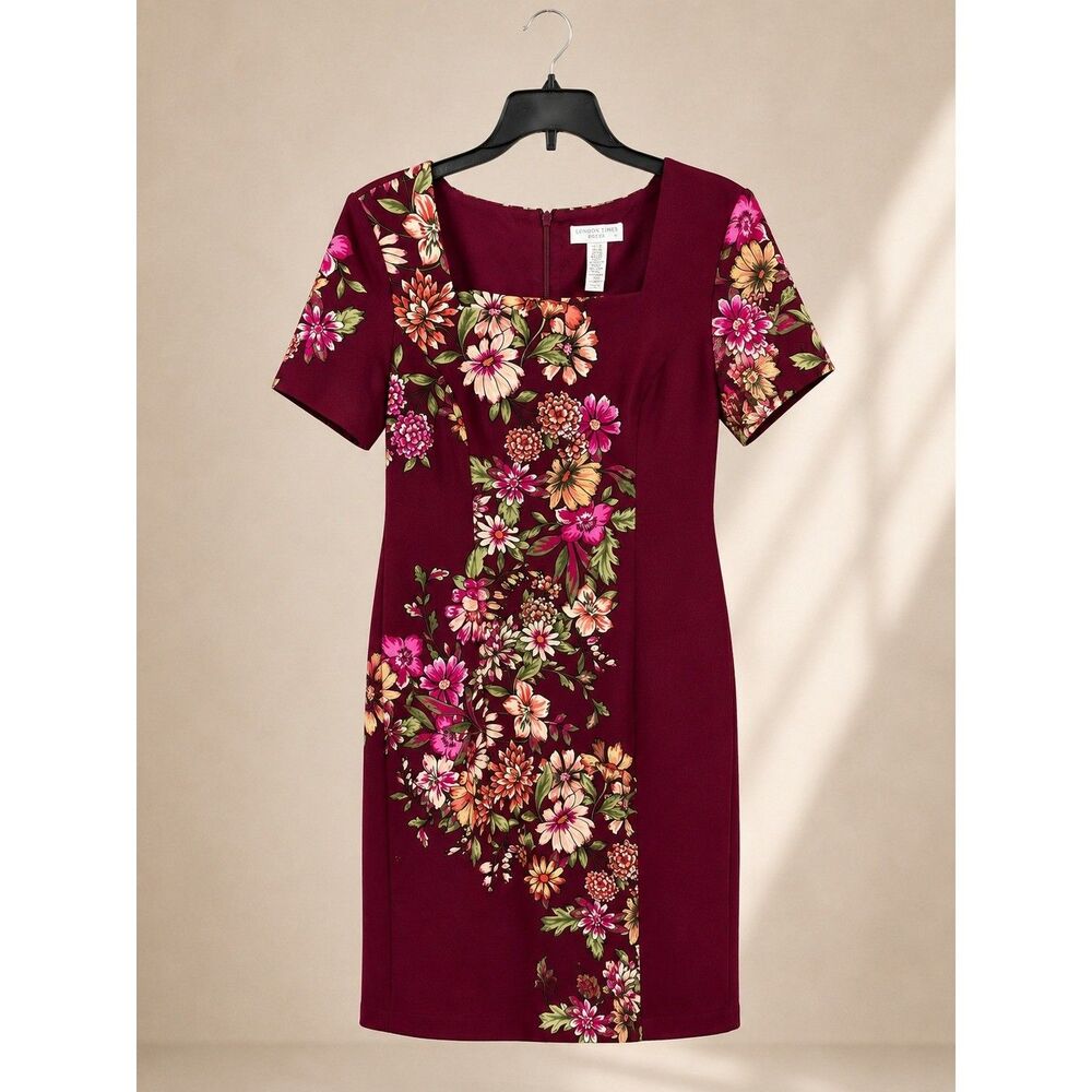 London Times Womens Dress 8P Burgundy Polyester Sheath Floral Placement Print